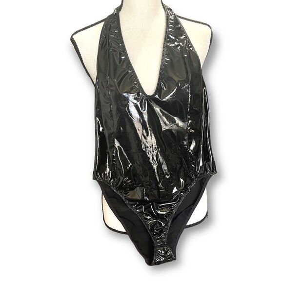 Low Cut Deep V Halter, Black Bodysuit, XS - Picture 1 of 6